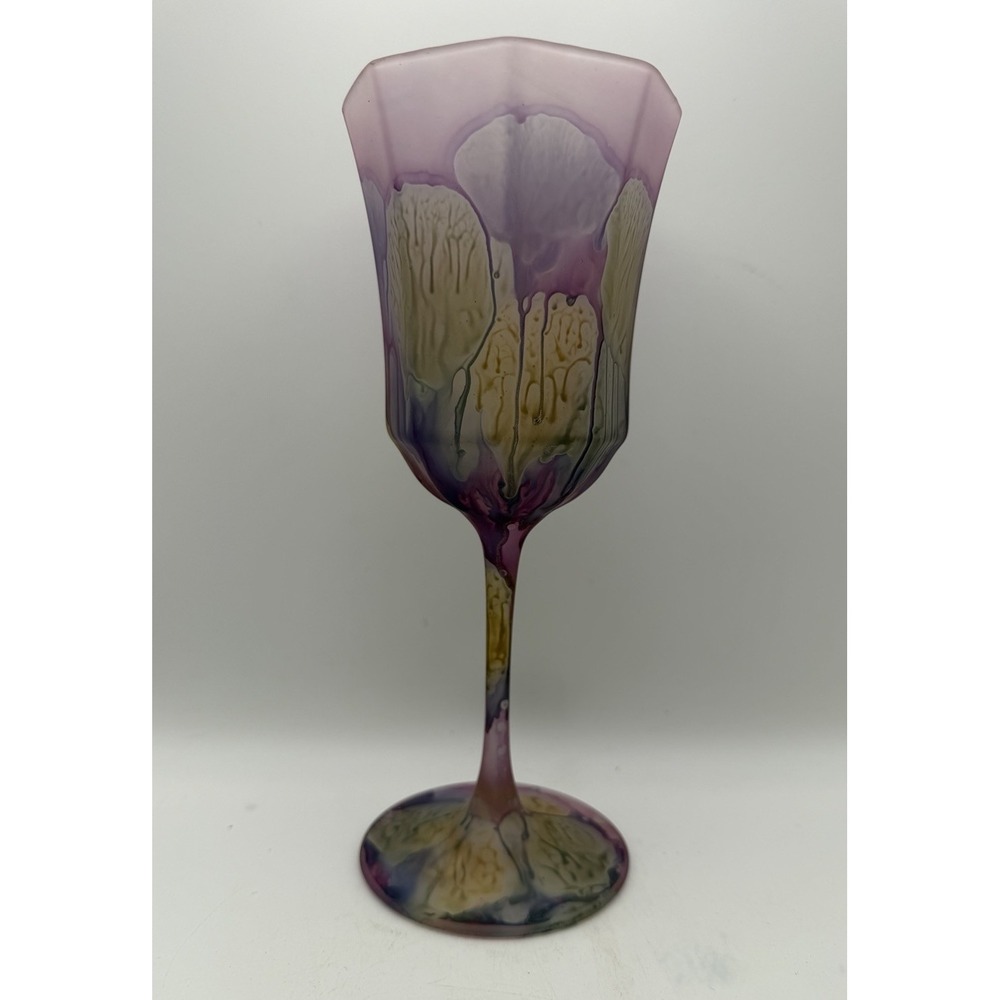 Rueven Hand Painted Art Glass Wine Goblet Nouveau Purple Floral Iridescent 8.5"